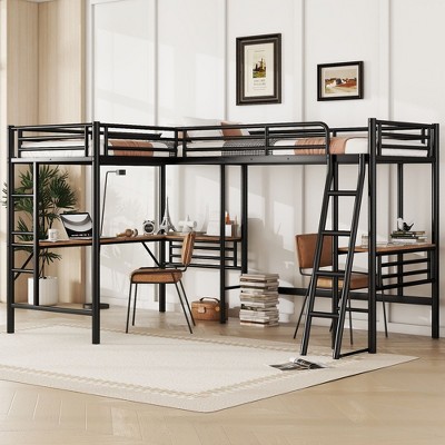 NicBex Twin Size Bunk Bed with 2 Desks Loft Bed Metal Bed Frame with Inclined ladder and Full Length Guardrail, No Box Spring Required, Black