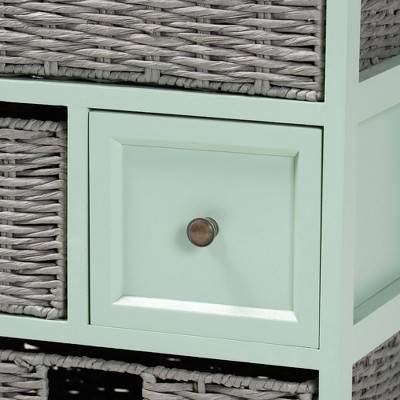 Mint Green and Oak Brown 3-Drawer Storage Unit with Wicker Baskets