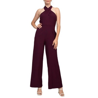 EG PRO Women Crepe Jumpsuit Stretch Criss Cross Halter Neckline Sleeveless With Pockets Cabernet 16