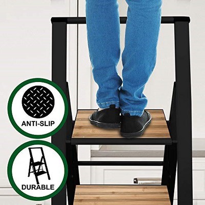 Black Aluminum and Bamboo 4-Step Folding Ladder