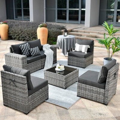 XIZZI 6 PCS Patio Furniture Set, Wide Armrest Outdoor Sectional Sofa, All Weather PE Rattan Outside Conversation Set with Coffee Table, Black