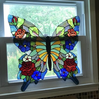 Colorful Tiffany-Glass Butterfly Window Panel with Textured Black Finish
