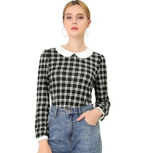 INSPIRE CHIC Women's Peter Pan Collar Contrast Puff Sleeve Plaid Blouse - 1 of 4