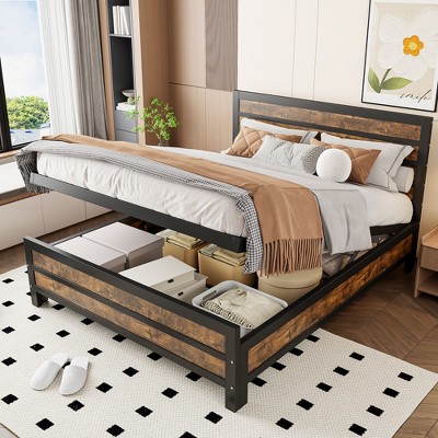 TIRAMISUBEST Queen Size Metal Platform Bed with Underneath Storage, Lift Up Storage Bed Frame with Headboard and Slats Support for Bedroom