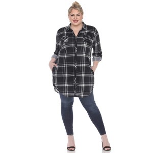 Women's Printed Plaid Roll Tab Tunic - White Mark - 1 of 4
