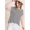 Slickblue Striped Curved Hem Casual Top, Mini Floral Chiffon Sleeves, Cute & Comfortable, Pink, S - 3 of 4