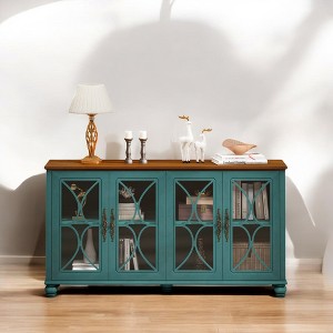 4-Door Cabinet with Tempered Glass Doors,Elegant European Antique Style,MDF with Wood Veneer,Adjustable Shelves,Storage Sideboards for Dining - 1 of 4