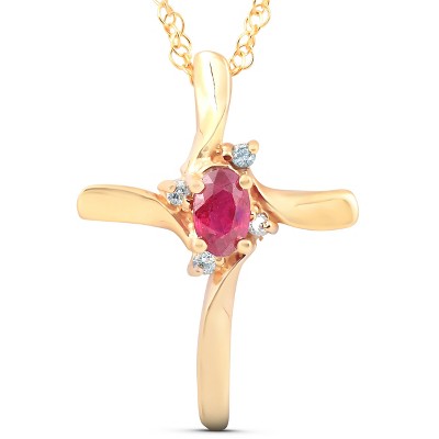 Pompeii3 1/4CT Ruby & Diamond Cross Pendant & Chain 14K Yellow Gold 3/4" Tall