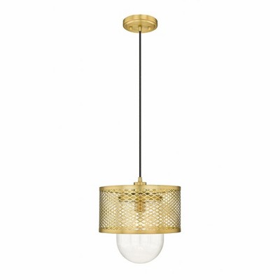 11.5" Rubbed Brass Glass Drum Pendant Light