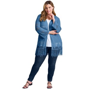 Avenue Women's Plus Size Pointelle Fringe Cardigan - 1 of 4