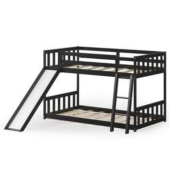 Costway Twin over Twin Bunk Wooden Low Bed with Slide Ladder for Kids