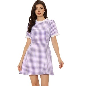 Allegra K Women's Summer Ruffle Neck Lace Panel Short Sleeve Check Gingham Dress - 1 of 4