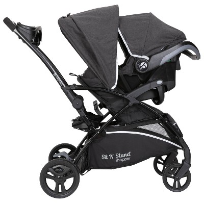 Gray and Black Double Tandem Stand-on Stroller with Car Seat