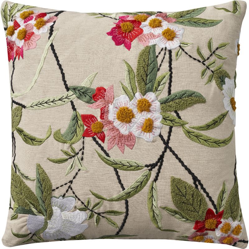 Mina Victory Embroidered Floral Linen Indoor Throw Pillow Cover Only Multicolor 18" x 18", 1 of 6