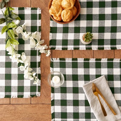 Hunter Green and White Cotton Checkered Fringed Placemats, Set of 6