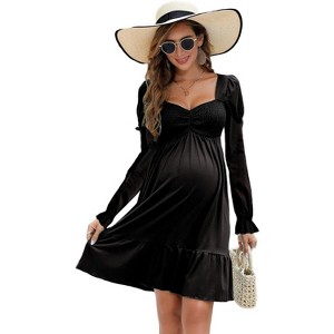 BLUEMING Womens Maternity Dress Lantern Sleeve Babydoll Dress High Rise Smocked Wasit Flounce Hem Midi Dress - 1 of 4