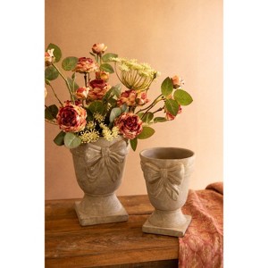 2 x Set of Two Concrete Urns with Bow Detail – Grey Distressed Finish – Tabletop, Patio and Garden Decor by Kalalou - 1 of 4