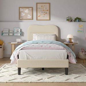 Furnulem Twin Bed Frames with Headboard Upholstered Bed Frame Teddy Soft Boucle Fabric bedframes Soft Cloud Marshmallow Shape Upholstered Headboard - 1 of 4