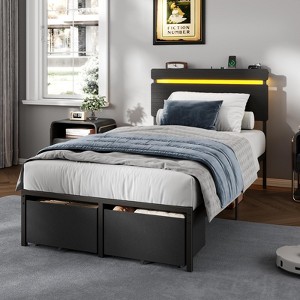 Twin Size Bed Frame with Wood Headboard Black Platform Bed with 2 Storage Drawers Shelf Built in Charging Station LED Lights No Box Spring Needed - 1 of 4