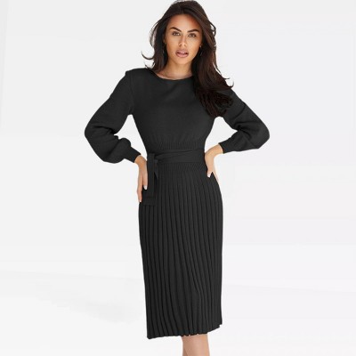 Womens Long Sleeve Sweater Dress High Waist Pleated Midi Dress Slim Fit Tie Waist Sweater Knit #N/A Neck Formal Dress Winter Sweater Dress