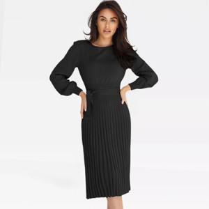 Womens Long Sleeve Sweater Dress High Waist Pleated Midi Dress Slim Fit Tie Waist Sweater Knit Jewel Neck Formal Dress Winter Sweater Dress - 1 of 4