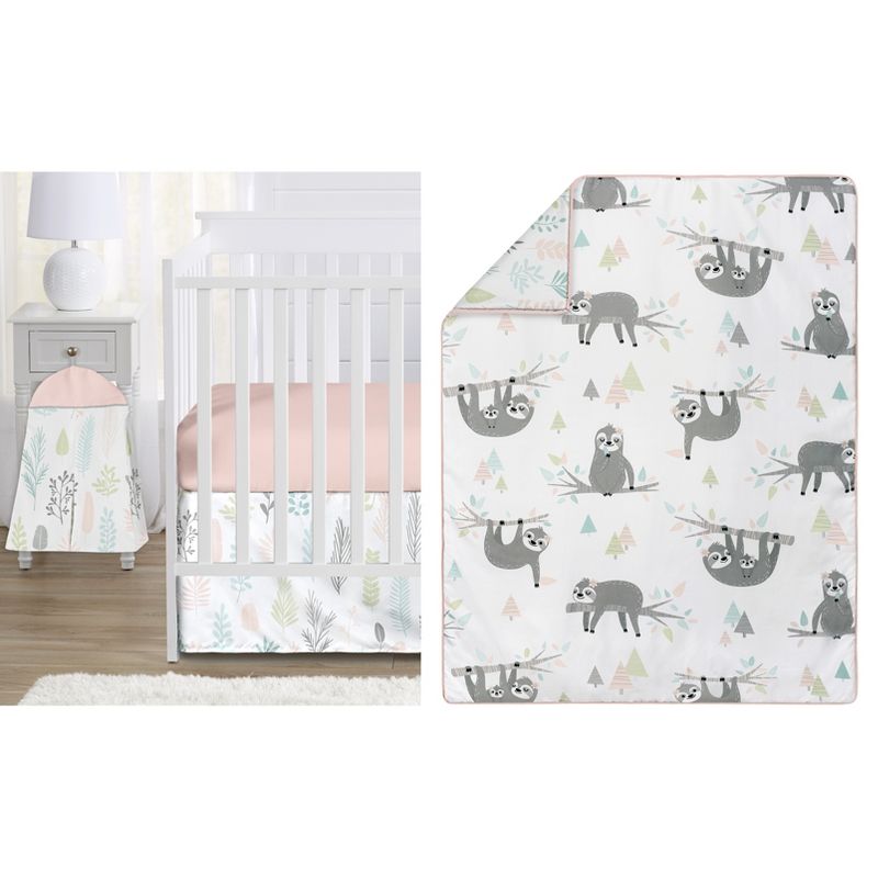 Sweet Jojo Designs Girl Baby Crib Bedding Set - Sloth Pink Grey and Green 4pc, 1 of 8