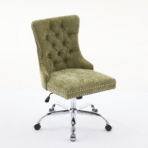 Gulches Green Chenille Tufted Button Chrome Base Adjustable Swivel Office Chair Set of 1 Wide Seat Triple Elastic Cushion Modern Desk Chair - 1 of 4