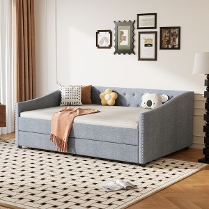 Kumasinova Twin/Full Size Daybed with Trundle,Fabric Upholstered Sofa Bed with Button Tufted Back & Piped Arms for Living Room,Bedroom - 1 of 4