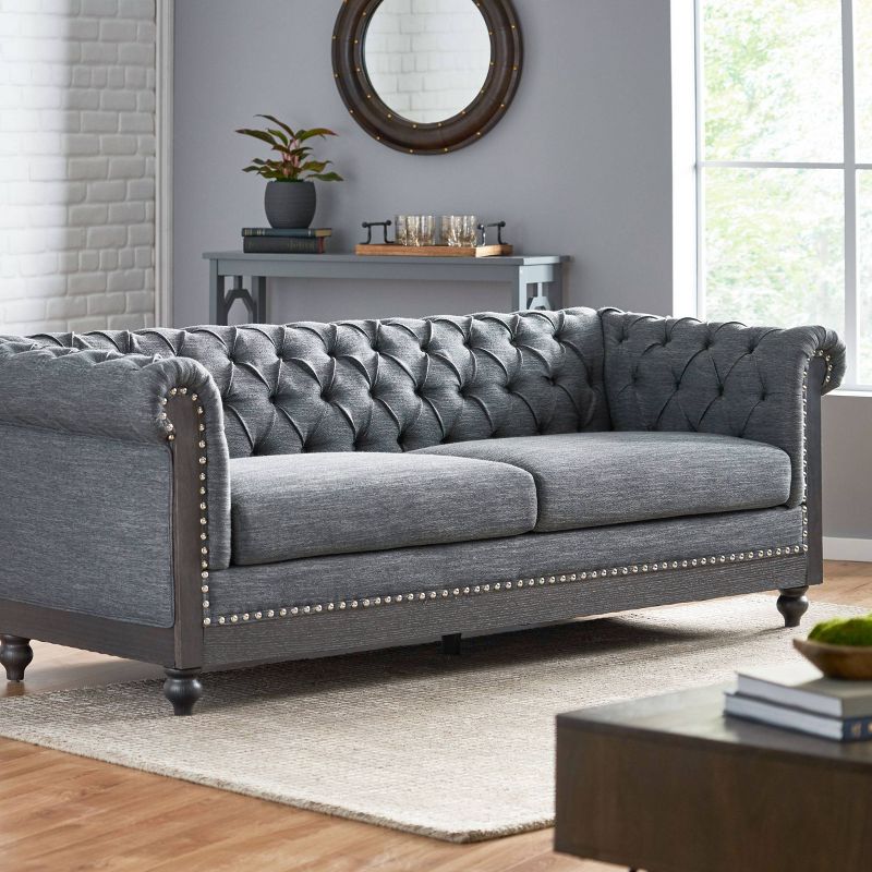 Castalia Chesterfield Tufted Fabric 3 Seater Sofa with Nailhead Trim - Christopher Knight Home, 3 of 12