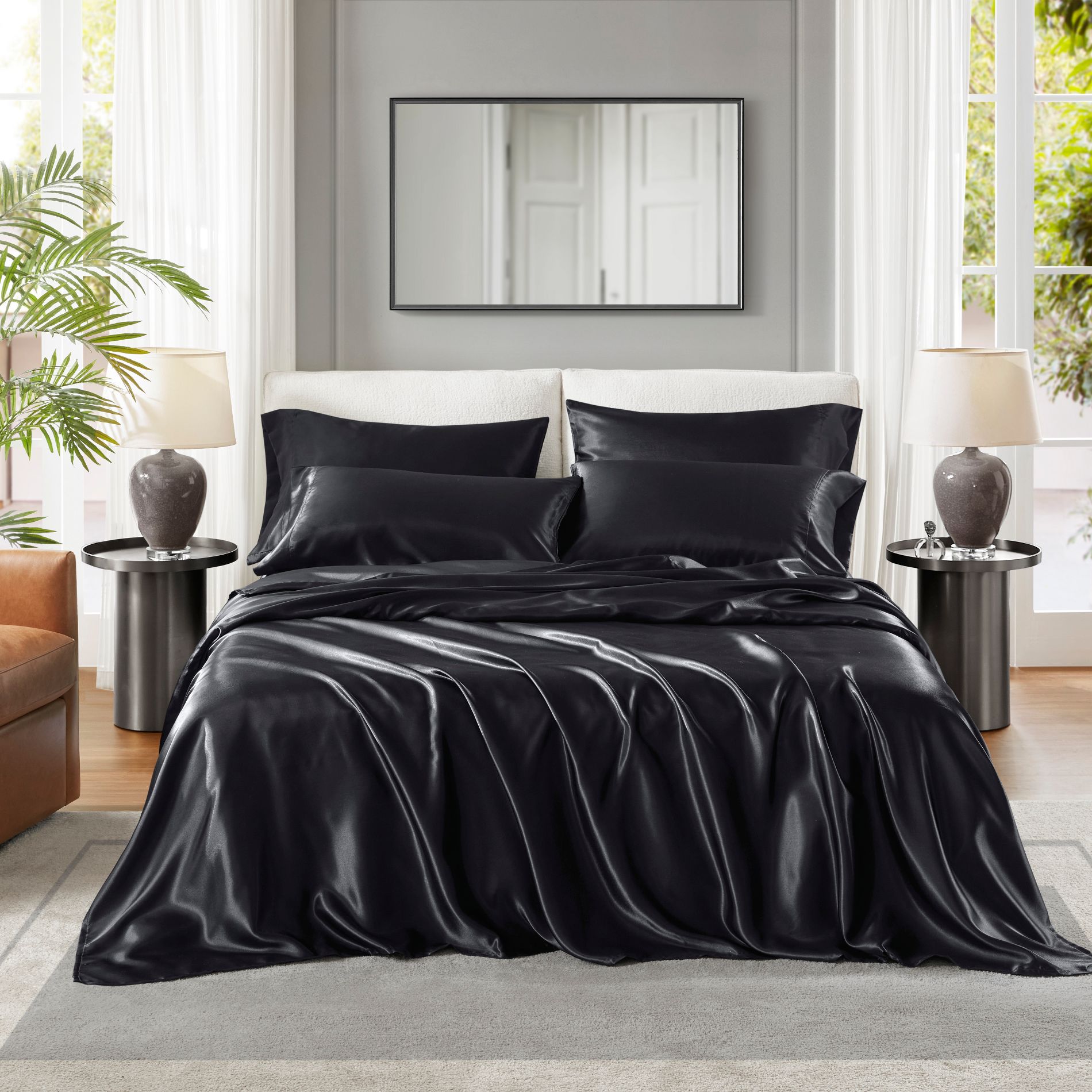 6 Pcs Solid Wrinkle-Free Satin Sheet Set, Silky Soft Touch Frezz-Reduce Luxury Sheets, OEKO-TEX Certified Premium Bedding Set