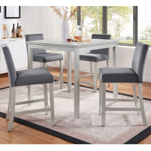 FONTOI 5-Piece Counter Height Wooden Dining Table Set with Upholstered Chairs and Crystal Accents for Stylish Kitchen and Dining, Silver, - 1 of 4