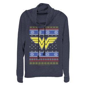 Junior's Wonder Woman Ugly Christmas Sweater Print Logo Cowl Neck Sweatshirt - 1 of 4