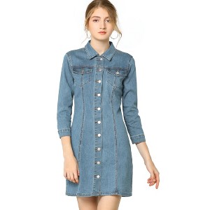 INSPIRE CHIC Women's 3/4 Sleeve Button Down Denim Shirt Dress - 1 of 4
