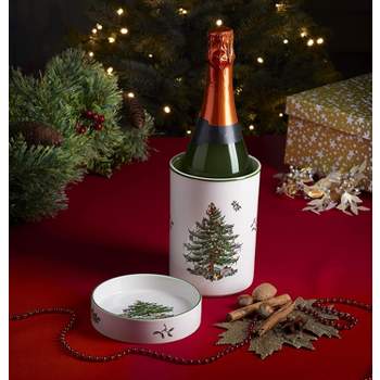 Spode Christmas Tree Wine Chiller & Coaster SetChiller: 6" H x 4.4" D/ Coaster: 1" H x 4.9"D
