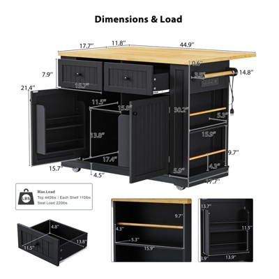 LauKingdom 48" Large Kitchen Island with 2 Bar Stools, Power Outlet, Drop Leaf Countertop, 5 Wheels, 2 Drawers, Door Storage Rack & Open Side Shelves, Black — фото 4