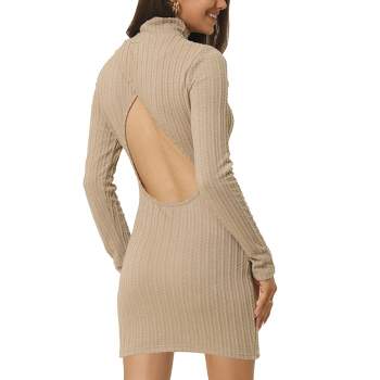 Seta T Women's Fall Winter Mock Neck Cut Out Back Long Sleeve Cable Knit Bodycon Mini Dress