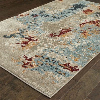 Beige and Blue Synthetic Stain-Resistant Oriental Area Rug, 3.3x5.2