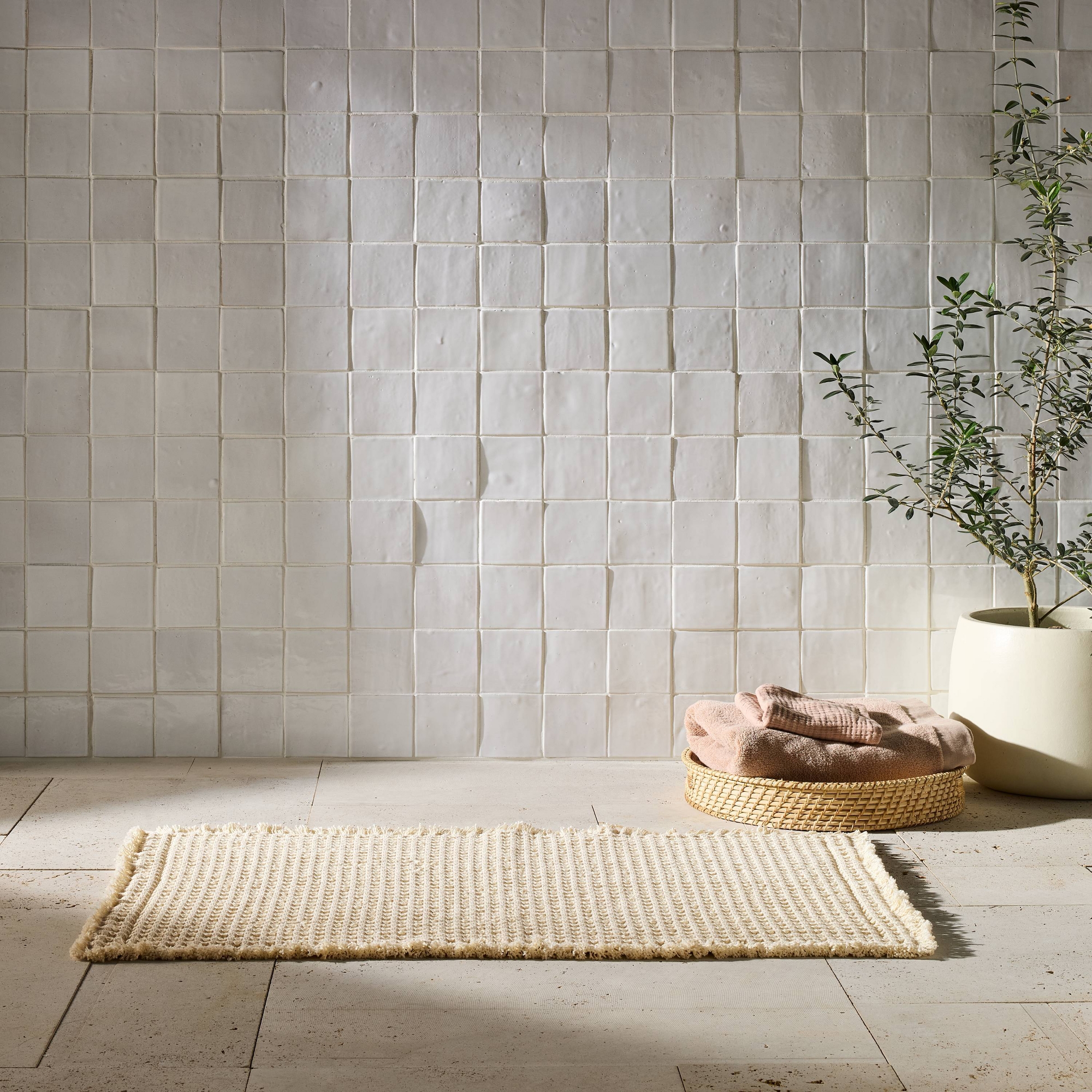 21"x34" Waffle Cotton Bath Rug with Fringes Natural - Casaluna™