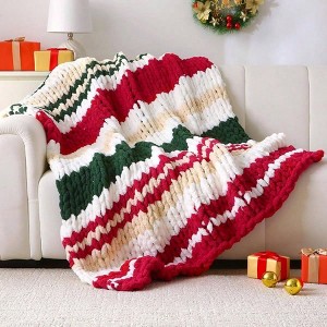 Christmas Chunky Knit Blanket, 50x60, Soft Chenille Throw, Striped Red Green - 1 of 4