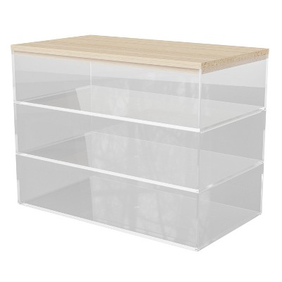 Clear Stackable Plastic Organizer Bins with Light Wood Lid, 3 Pack