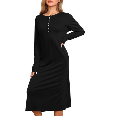 cheibear Women's Knit Scoop Neck Front Half Length Button Down Long Sleeve Nightgown