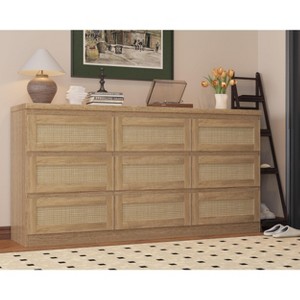 9-Drawer Farmhouse Rattan Dresser for Bedroom, Modern Wood Storage Chest Organizer for Closet, Living Room, or Entryway - 1 of 4