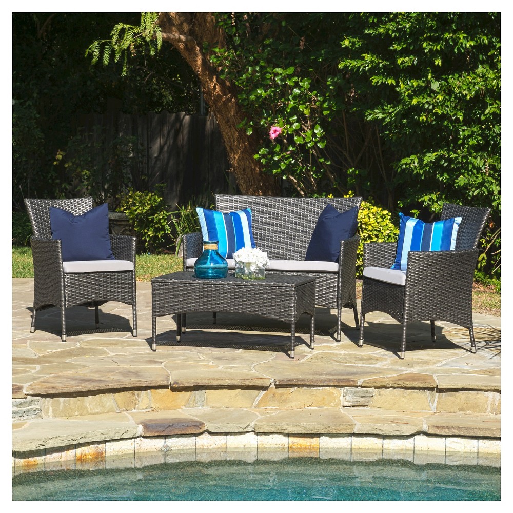 Malta 4pc Wicker Patio Chat Set with Cushions Gray Christopher Knight Home