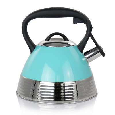 Turquoise Stainless Steel Whistling Tea Kettle with Black Handle