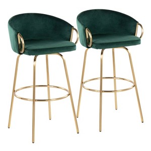 LumiSource Set of 2 Claire Bar Stool Gold/Green Velvet - 1 of 4