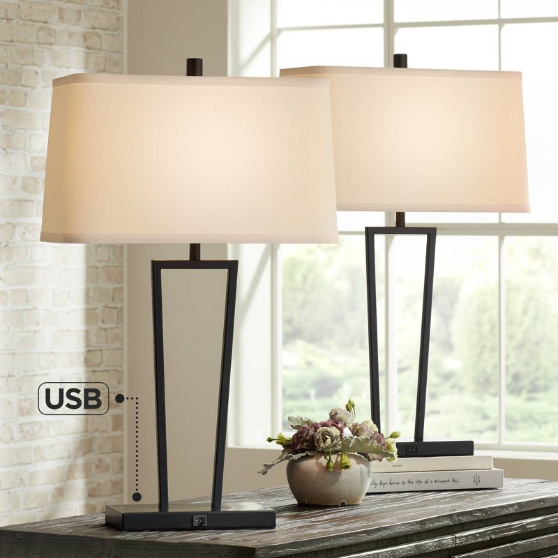 360 Lighting Cole Modern Table Lamps 27" Tall Set of 2 Black Metal with USB Charging Ports White Rectangular Shade for Bedroom Living Room Bedside, 2 of 8