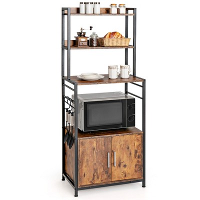 Costway 4-Tier Industrial Kitchen Bakers Rack Microwave Oven Stand w/ Hooks & Cabinet