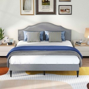 BestMassage Upholstered Platform Bed Frame with Headboard Fabric Mattress Foundation No Box Spring Needed - 1 of 4