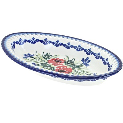 Blue Rose Polish Pottery Cherry Red Bouquet Small Oval Dish