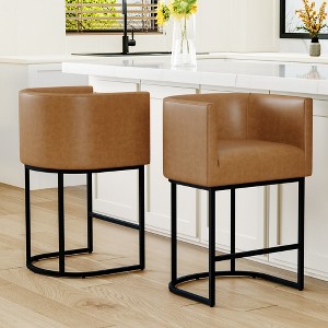 Vipbear Counter Height Bar Stools, 26.4" with Barrel-Curved Backs and Arms, Modern Faux Leather Upholstered Stools on Sturdy Metal Frames - 1 of 4